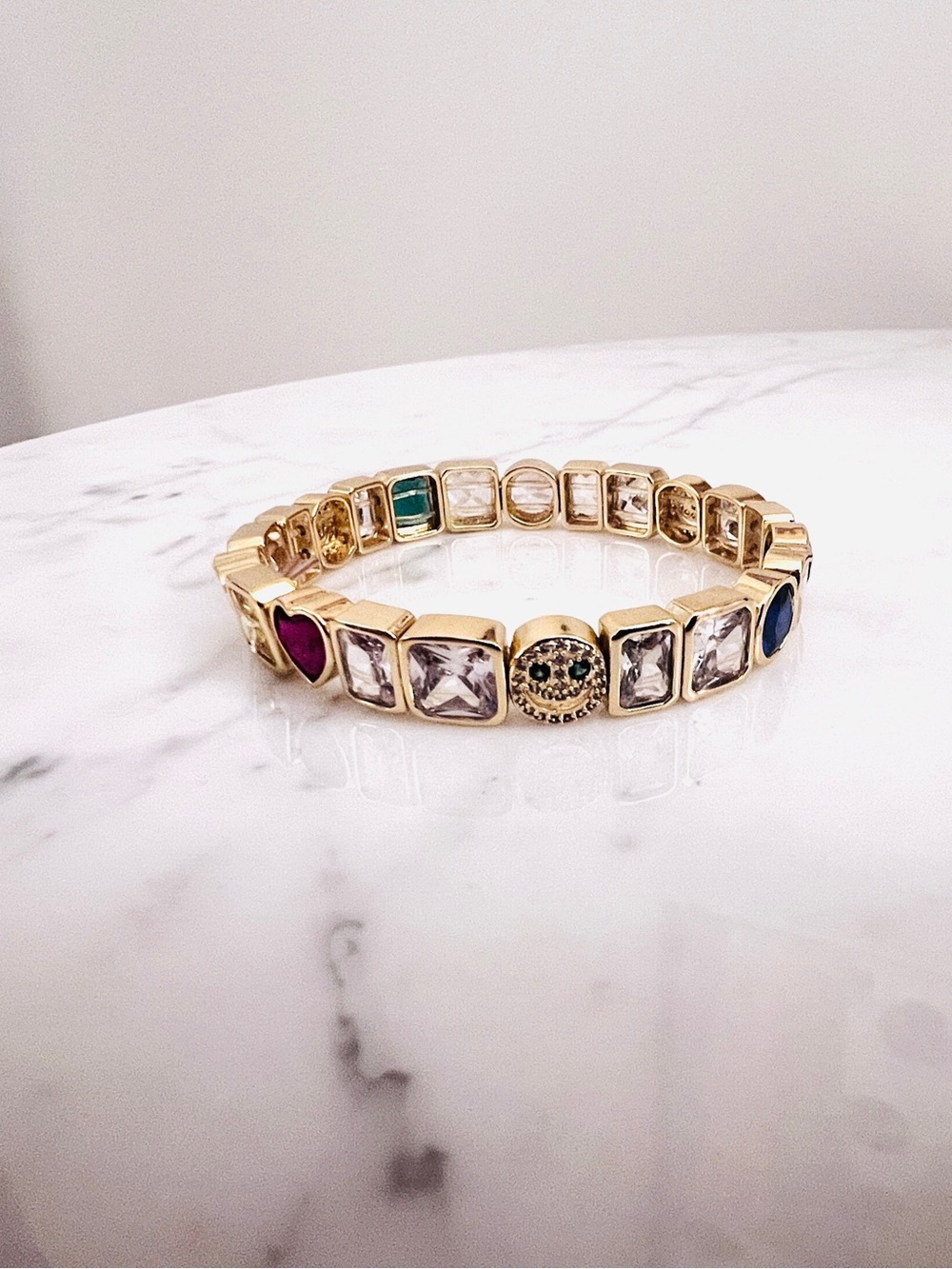 LISA GOZLAN - Gold Smiley Face Stretch Bracelet with Coloured Gems - 7” - Picture 4 of 5